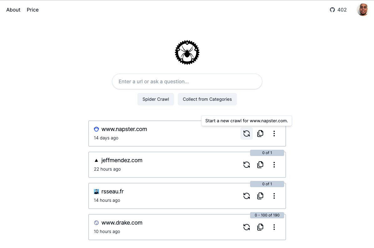 Dashboard UI for Spider displaying data collecting from napster.com, jeffmendez.com, rsseau.rs, and www.drake.com